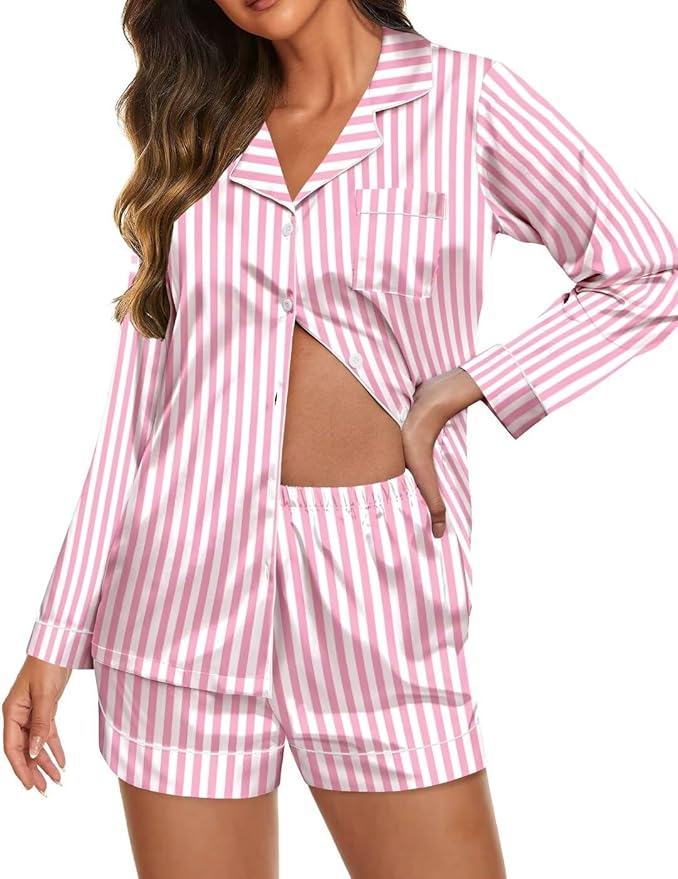 Ekouaer Satin Pajama Set for Women Button Down Pj Set Long Sleeve Top and Shorts 2 Piece Loungewear Summer Soft Sleepwear