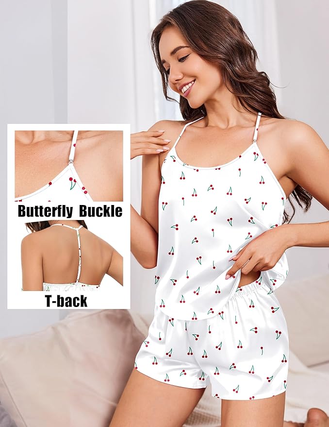 Ekouaer Silk Satin Pajamas Set for Women T-back Lingerie Pjs Cami Top and Shorts Sleepwear Gift for Honeymoon Party