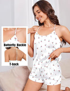 Ekouaer Silk Satin Pajamas Set for Women T-back Lingerie Pjs Cami Top and Shorts Sleepwear Gift for Honeymoon Party