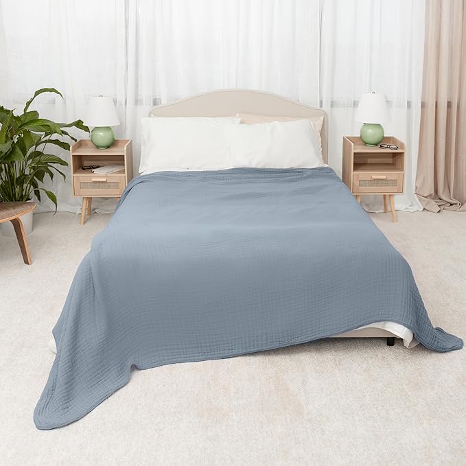 Comfy Cubs Muslin Blanket for Adults Queen 90" x 90" - 6 Layer Soft, Breathable & Lightweight Muslin Adult Blanket - Machine Washable & Designed in The US Bedding for All Seasons - Pacific Blue
