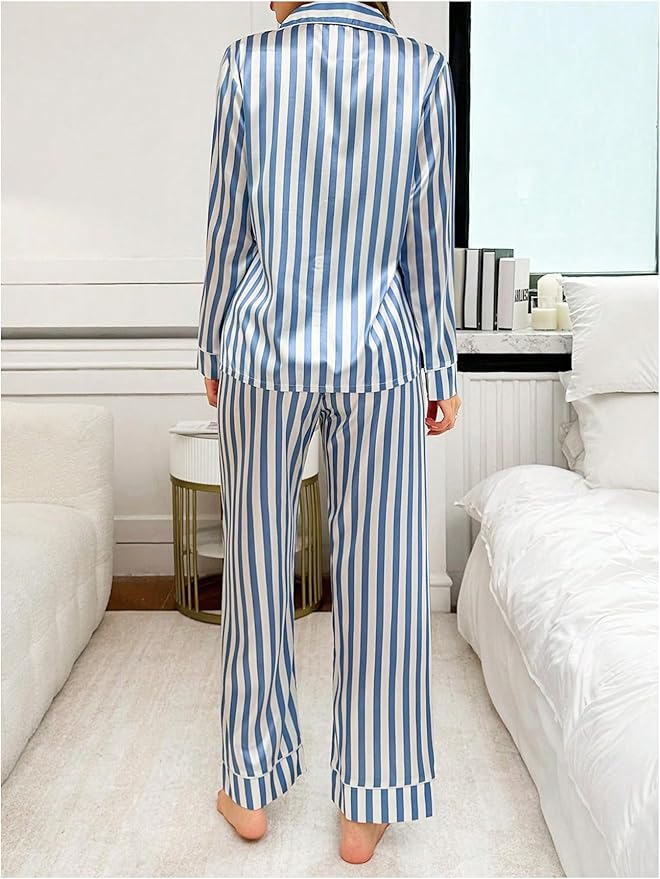 WDIRARA Women's 2 Piece Bowknot Print Satin Pajama Set Long Sleeve Button Down Lounge Pants Sleepwear Sets