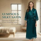 Long Satin Robes for Women Ankle Length Kimono Robes Silky Bridal Party Robes with Lace Trim Bridesmaid Loungewear Sleepwear