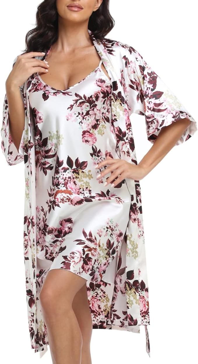 Women's Satin Robe Sets 2 Piece Nightgown Silk Pajama Sexy Floral Lingerie Lace Cami Sleepwear Night Robes