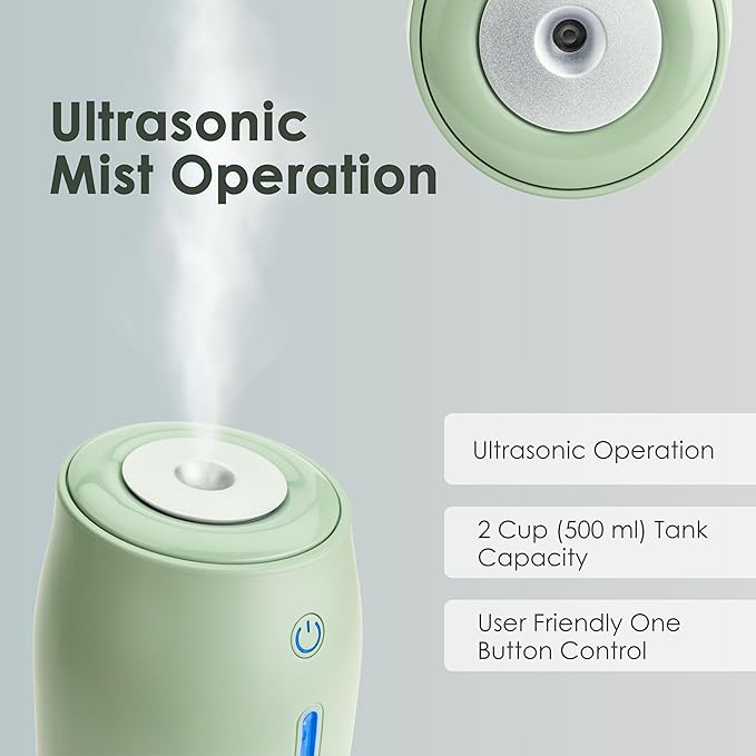 Aqua Glo Personal, Portable Humidifiers for Bedroom – Ultrasonic Cool Mist Humidifier with Built In Rechargeable Battery. Air Humidifier for Baby, Plants, Home, Office, Travel. Mint Green