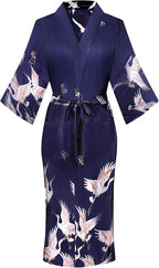 Valennia Women Long Silky Bathrobe Satin Kimono Robe Floral Printed Dressing Gown Sleepwear
