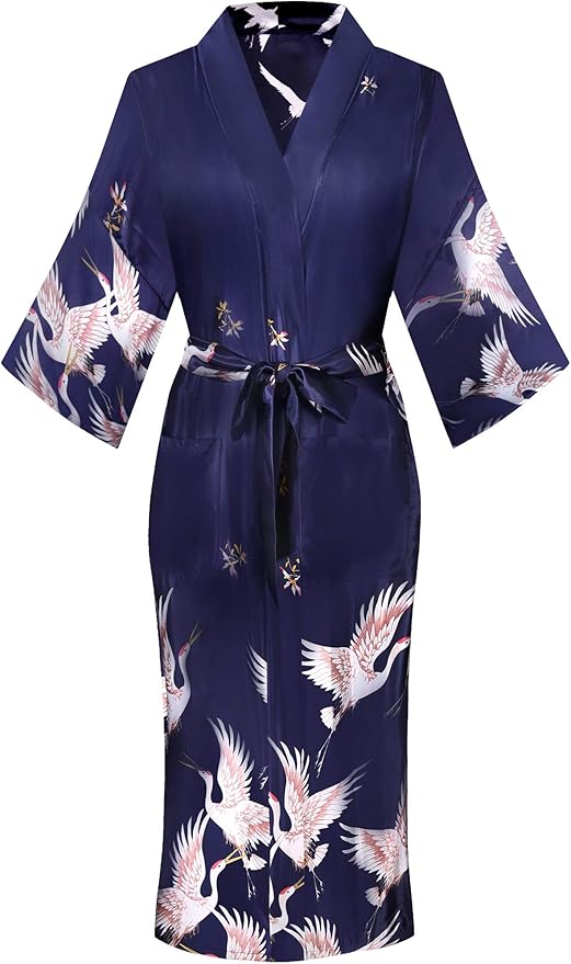 Valennia Women Long Silky Bathrobe Satin Kimono Robe Floral Printed Dressing Gown Sleepwear
