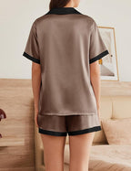 Ekouaer Womens Silk Satin Pajama Set Short Sleeve PJs 2 Piece Button Down Top and Shorts Notch Collar Sleepwear Sets Soft Pjs