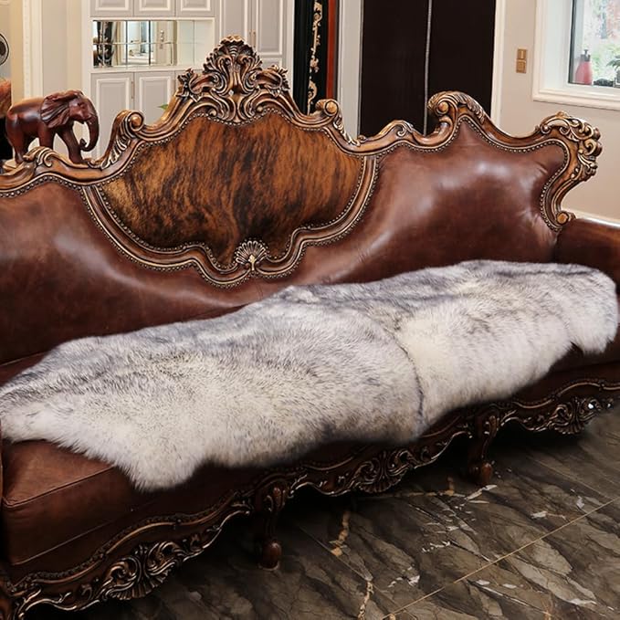 Genuine Sheepskin Rug with Little Patches-Real Wool Throw Carpet Pad for Bedroom Floor Living Room Sofa Fur(Wolf Tipped, 2FT×6FT Patchwork)