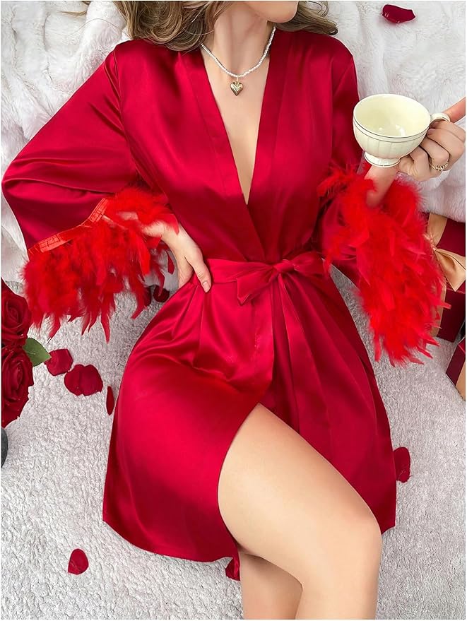 GORGLITTER Women's Satin Kimono Robe Feather Silk Robes Bridal Party Bridesmaid Robes
