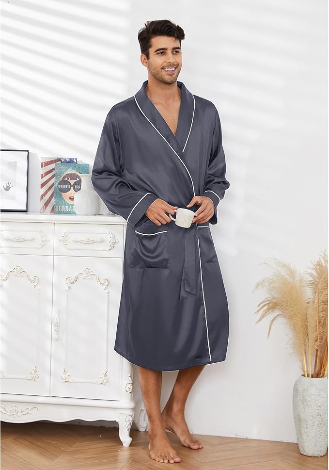 Vulcanodon Men’s Satin Robe Lightweight,Men's Luxurious Silk Kimono Bathrobe