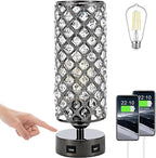 Crystal Table Lamps, Small Touch Desk Lamp Bedside Bedroom Lamp with 2 USB Charging Port Nightstand Night Light Room Decor for Kids Room, Home Office, Living Room,Bar, Restaurant (Black)