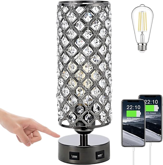 Crystal Table Lamps, Small Touch Desk Lamp Bedside Bedroom Lamp with 2 USB Charging Port Nightstand Night Light Room Decor for Kids Room, Home Office, Living Room,Bar, Restaurant (Black)