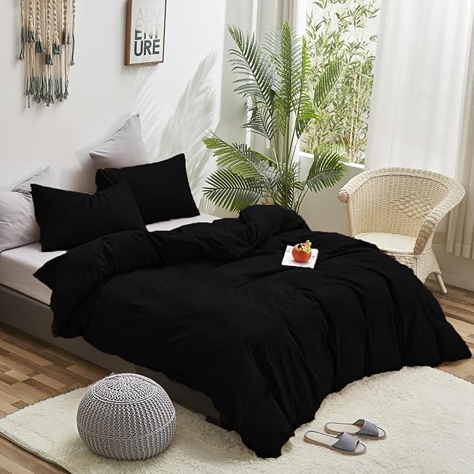Cottonight Black Comforter Set Queen Men All Black Bedding Set Blanket Quilts Soft Breathable Pure Dark Color Lightweight Bedding Comforter Queen Size Adults Teens