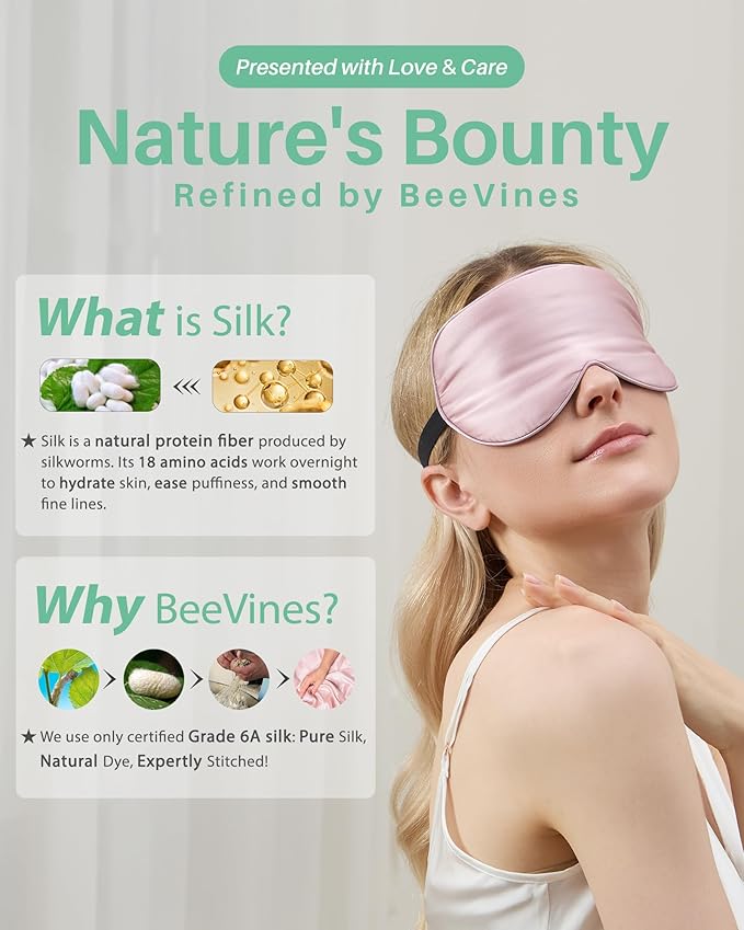 BeeVines 100% Real Mulberry Silk 2 Pack Sleep Mask, Natural Pure Silk Eye Masks with Adjustable Strap for Sleeping, 100% Block Light Eye Sleep Shade Cover, Reduces Puffy Eyes Traveling Gifts