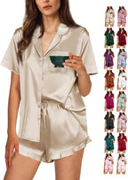 WJing Yi Jia Ruffle Pajama Sets For Women XS-4XL Womens Silk Satin Pajamas Set Silky Sleepwear Pj Sets Nightwear Loungewear