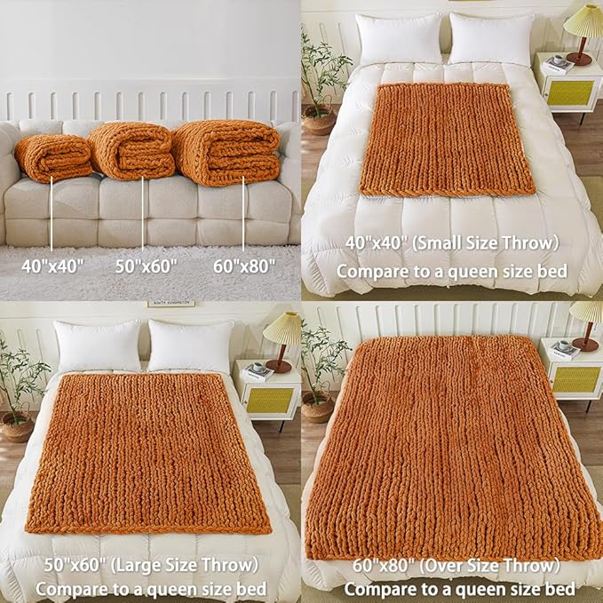 WESHIONGOO Chunky Knit Blanket Throw 51"×63" Knitted Throw Blankets for Couch Bed Fall Throw Blanket Fluffy Soft Blanket with Jumbo Chenille Yarn Thick 100% Handmade (Burnt Orange)