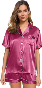 SWOMOG Womens Silk Satin Pajamas Set Short Sleeve Sleepwear Button Down Top and Shorts Loungewear 2 Piece Pjs Set XS-3XL