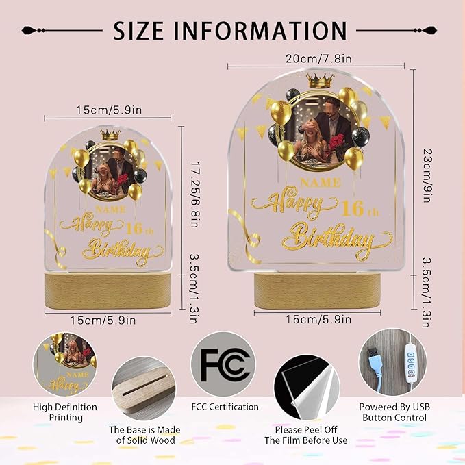 Customized Birthday Gifts Personalized Acrylic LED Night Light Lamp Plaque Custom Photo Name Age Birthday Gifts for Women Men(B-Black and Gold)
