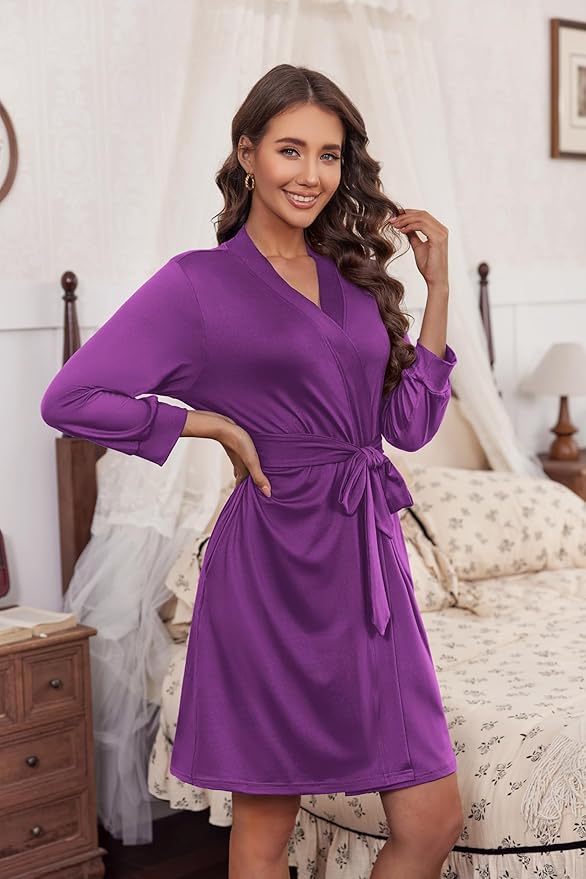 Ekouaer Women‘s Robes Lightweight 3/4 Sleeve Short Knit Bathrobe Soft Knee Length Sleepwear Robes with Pockets S-XXL