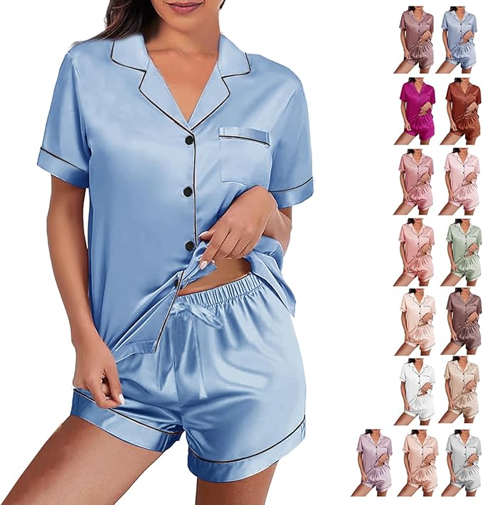 WJing Yi Jia Womens Silk Satin Pajamas Loungewear Two-Piece Sleepwear Button-Down Floral Pj Set XS-4XL