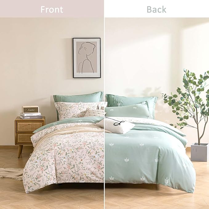 ALEISSEL Faded Blush Floral Cotton Comforter Queen Size - 3PC Lightweight Bedding Sets with Soft Alternative Fill, Vintage-Inspired Delicate Botanical Patterns, Muted Sage Reversible Design