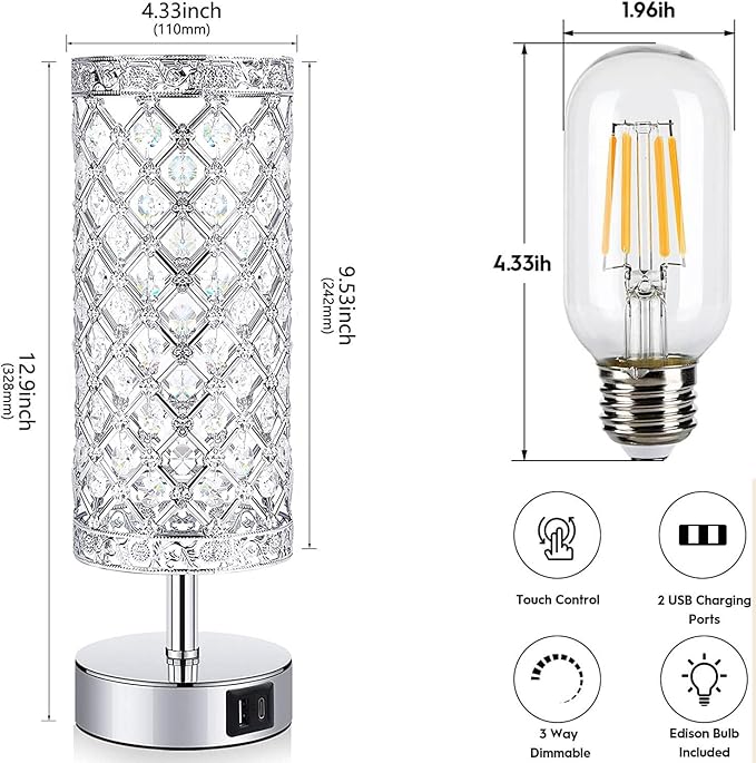 GZKPL Crystal Table Lamp, Touch Control Bedside Nightstand Desk Lamps Women Bedroom Decor Girly Bling Lamps with 2 USB Ports & Bulb Included for Home, Office, Living Room (Silver)