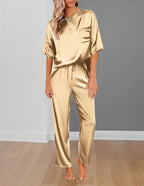 Ekouaer Womens Satin Silky Pajama Set Short Sleeve Shirt with Long Pajama Pant Set Soft PJ Loungewear