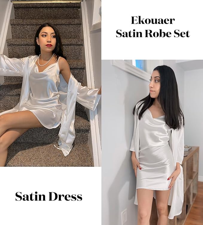 Ekouaer Women's Satin Robe Set Nightgown with Robes Silk Pajama Set 2 Pieces Lingerie Cowl Neck Cami Sleepwear Sets