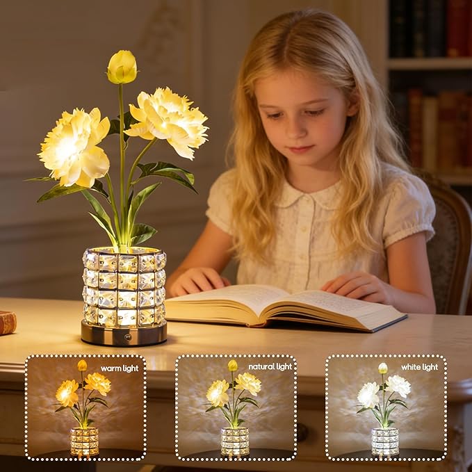 Flower Table Lamp, Orchid Flower with Crystal Vase Lamp, Cordless Touch Desk Light, 3 Colors Dimming & Rechargeable, Small Night Light for Bedroom Home, Romantic Gifts for Girl Women (Peony-White)