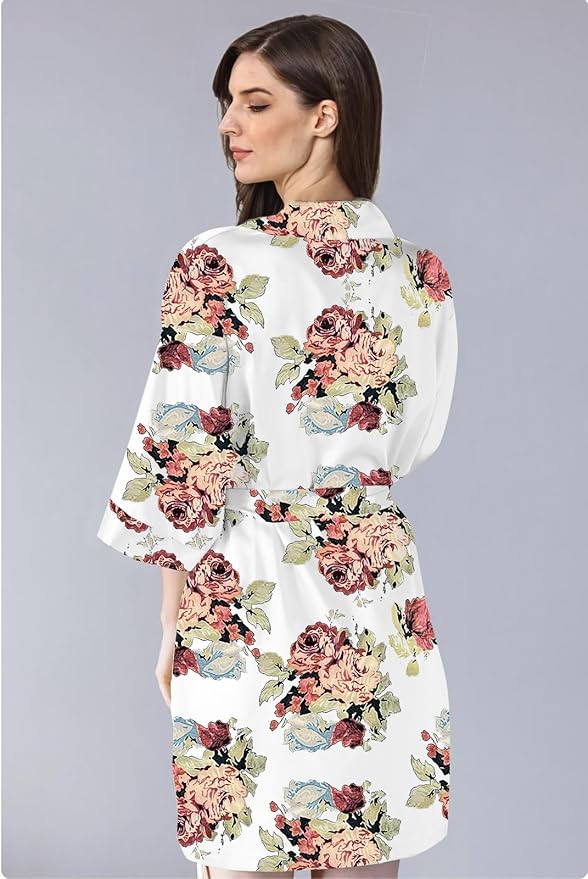 WJing Yi Jia 2Pcs Womens Floral Kimono Robe Silk Robes Bride Bridesmaid Satin Robes Bridal Dressing Gown Silky Bathrobe