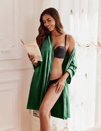 Ekouaer Women's Satin Robe Short Bridesmaid Bride Feather Bridal Robe Kimono Silky Long Sleeve Bathrobe S-XXL
