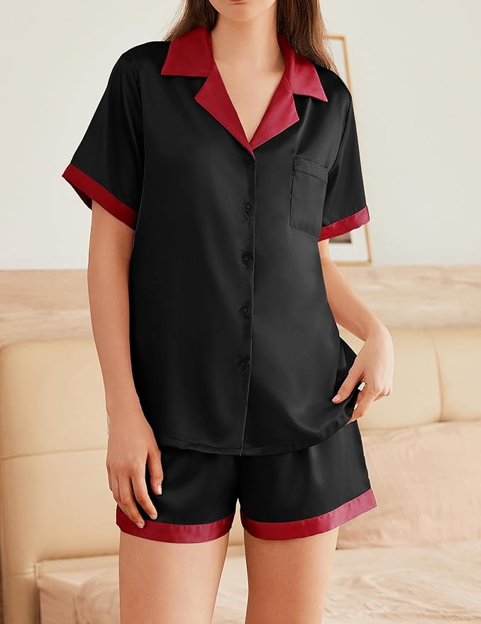 Ekouaer Womens Silk Satin Pajama Set Short Sleeve PJs 2 Piece Button Down Top and Shorts Notch Collar Sleepwear Sets Soft Pjs