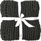Bigacogo Chunky Knit Throw Blanket for Couch, 51x63 inches, 100% Hand Knitted with Thick Jumbo Chenille Yarn, Cozy Soft Large Rope Knot Cable Crochet Blankets for Sofa Bed Living Room, Dark Grey