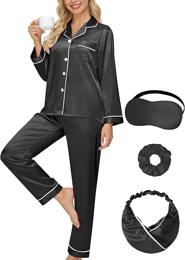 DOLOS Silk Satin Pajama Set for Women Short/Long Sleeve 2-Piece Silky Pajamas for Women Button Down Pjs Sleepwear Loungewear