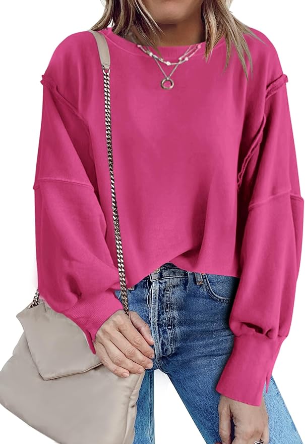 Nirovien Womens Oversized Crewneck Sweatshirt Side Slit Long Sleeve Pullover Slouchy Fit Tops