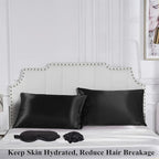 Black Satin Pillowcase for Hair and Skin, Vegan Silk Pillowcase Set-2 Satin Pillowcases, 1 Eye Mask, 1 Scrunchie-Luxury Sleep Set, Silky Standard Satin Pillow Cases with Envelope Closure