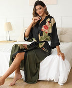 Kihnop Women's Floral Long Kimono Robe Long Satin Robe Long Silk Robe Ladies Kimonos Silky Bathrobe Cover Up, One Size
