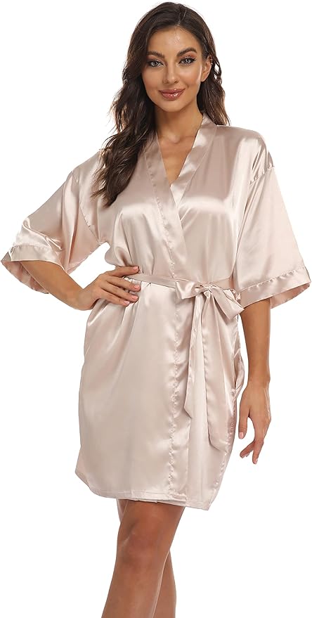 Women's Pure Short Kimono Robes Bride Bridesmaids Silky Bathrobe Lightweight Satin Sleepwear