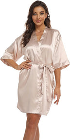 Women's Pure Short Kimono Robes Bride Bridesmaids Silky Bathrobe Lightweight Satin Sleepwear
