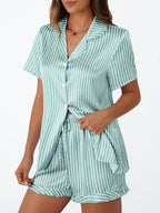 LILLUSORY Womens Satin Silk Pajamas Set 2 Piece Ruffle Pjs Winter Matching Lounge Sleepwear Button Down Striped Shirt Shorts