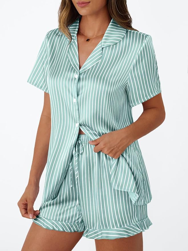 LILLUSORY Womens Satin Silk Pajamas Set 2 Piece Ruffle Pjs Winter Matching Lounge Sleepwear Button Down Striped Shirt Shorts