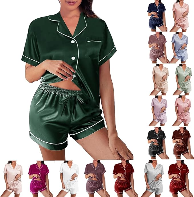 WJing Yi Jia Womens Silk Satin Pajamas Loungewear Two-Piece Sleepwear Button-Down Floral Pj Set XS-4XL