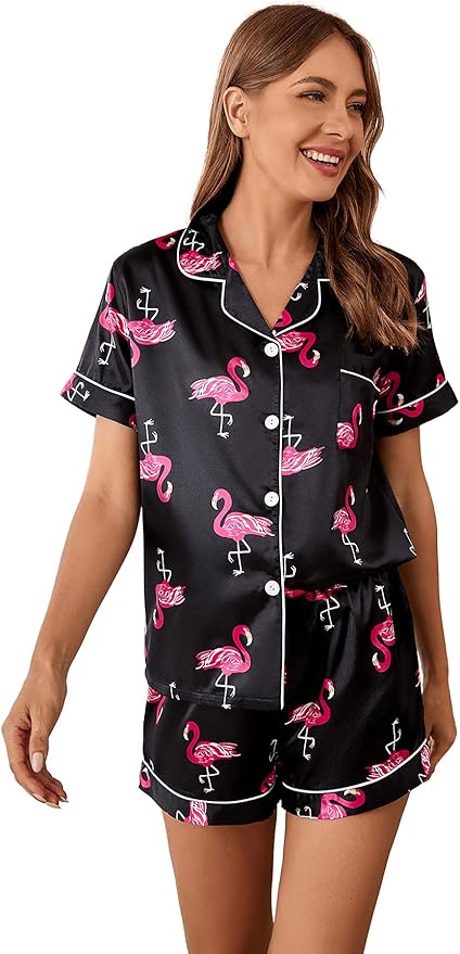 WDIRARA Women's Sleepwear Satin Short Sleeve Shirt and Shorts Pajama Set