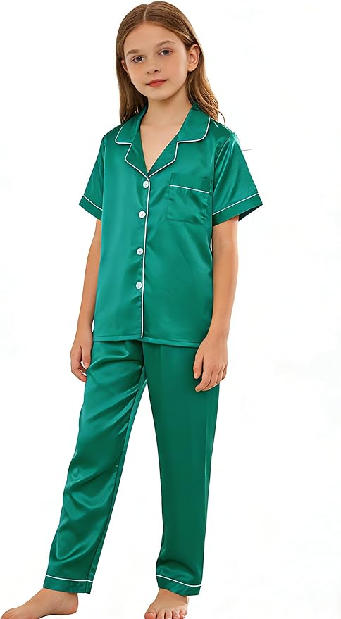 Hupohoi Unisex Girls Boys Kids Pajama Sets Button Down Satin Sleepwear Nighty 3PCS Silky Lounge Sets Nightwear