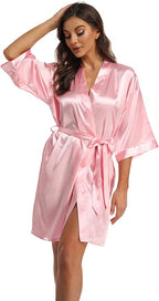 Women's Pure Short Kimono Robes Bride Bridesmaids Silky Bathrobe Lightweight Satin Sleepwear