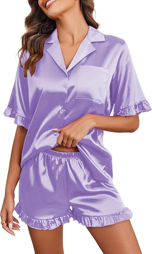 Ekouaer Satin Pajama Set for Women Button Down Silk 2 Piece Pj Sets Ruffle Short Sleeve Sleepwear