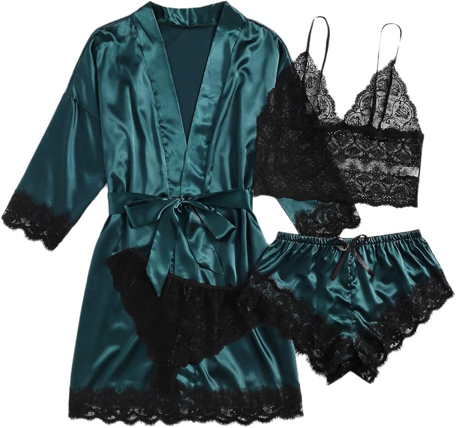 WDIRARA Women' Silk Satin Pajamas Set 4pcs Lingerie Floral Lace Cami Sleepwear with Robe