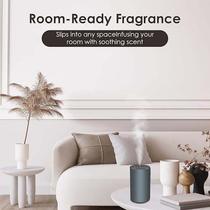 Waterless Essential Oil Diffuser, Battery Powered Mini Scent Air Machine, Aromatherapy Mist Diffuser for Home Room Car Office (Black Aluminum Alloy) (Grey)
