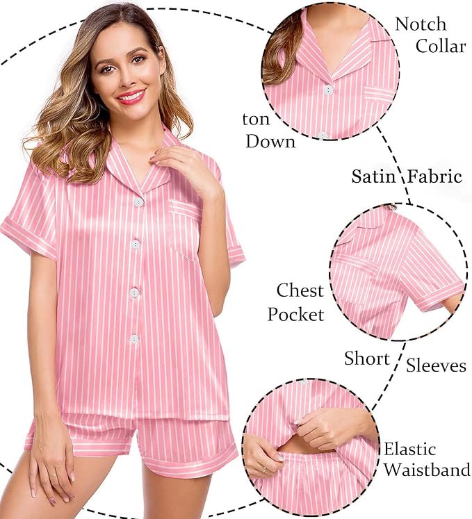 LecGee Womens Silk Satin Pajamas Short Sleeve Loungewear Two-Piece Sleepwear Button-Down Pj Set