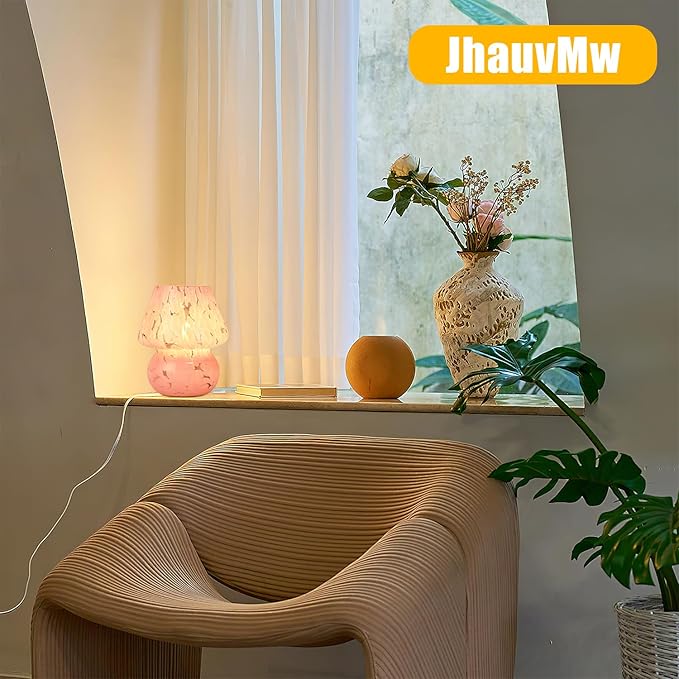 Mushroom Lamp, Small Bedside Table Lamp for Bedroom, Living Room, Cute Nightstand Lamp, Translucent Pink Glass Desk Light with E26 2700K Bulb, Home Decor Gift for Girls Women